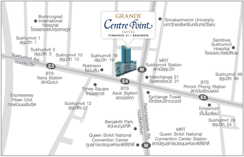 แผนที่ map บุฟเฟ่ต์นานาชาติอร่อยๆ ที่ห้องอาหารบลูสไปซ์ (BlueSpice) โรงแรมแกรนด์เซนเตอร์พอยต์ เทอร์มินัล 21 สี่แยกอโศก ถนนสุขุมวิท