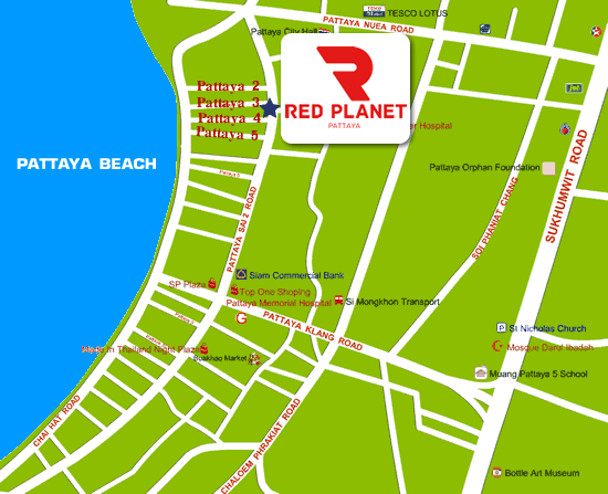 แผนที่ Map Red Planet Hotel พัทยา ห้องพักสะอาด ราคาเบาๆ สะดวกใกล้แหล่งท่องเที่ยว