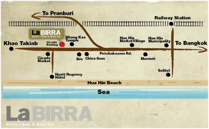 แผนที่ร้าน La BIRRA หัวหิน อาหารอร่อย จิบเบียร์และไวน์จากต่างประเทศ  พร้อมดนตรีสด บรรยากาศชิวๆ