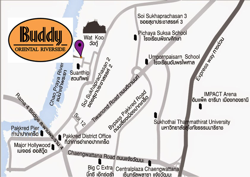 แผนที่ Map ร้านอาหารสองฝั่งคลอง อาหารไทยและซีฟู้ดริมแม่น้ำ วิวสวย บรรยากาศดีที่โรงแรม บัดดี้ โอเรียนทอล ริเวอร์ไซด์ ปากเกร็ด